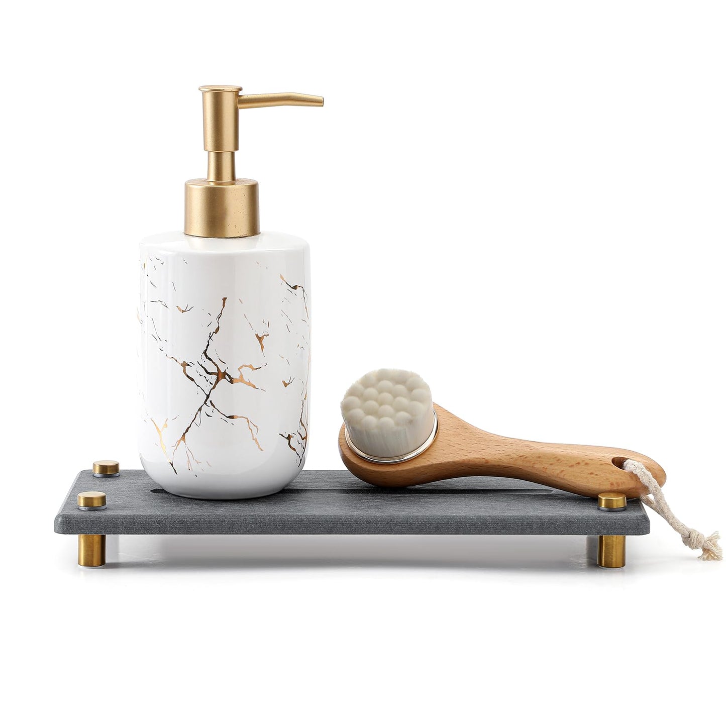 Kitchen Sink Caddy Water Absorbing Stone Drying Tray, Diatomite Bathroom Sink Organizer, Faucet Counter Mat Coaster, Soap Dish Rack Riser Dispenser Sponge Holder, Dark Gray Gold 10" x 4"