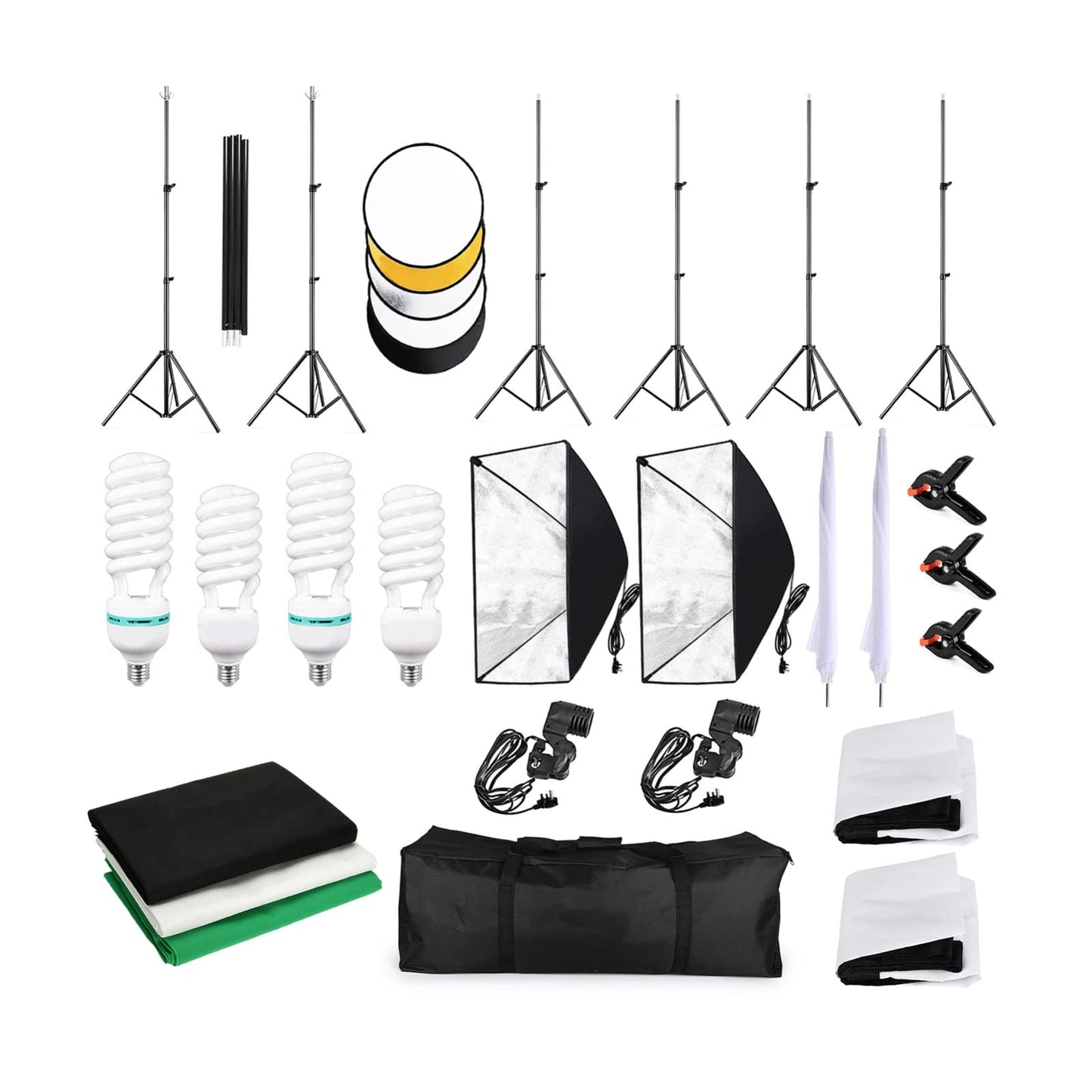 Backdrop Stands Photography Kit 1.8 * 2.7M Black White Green Backdrop 3*Fish-Like Mount Clip 5In1 Reflector 33" White Soft Light Umbrella