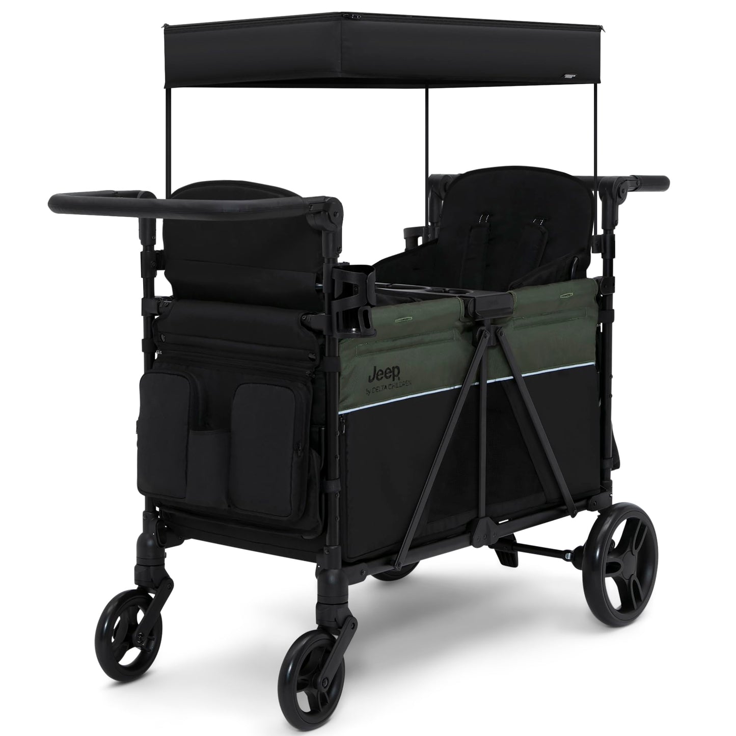 Jeep Aries Stroller Wagon by Delta Children Premium Wagon for 2 Kids with Convertible Seats, Adjustable Push/Pull Handles, Removable Canopy & Flat Fold - Greenguard Gold Certified, Black/Green