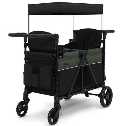Jeep Aries Stroller Wagon by Delta Children Premium Wagon for 2 Kids with Convertible Seats, Adjustable Push/Pull Handles, Removable Canopy & Flat Fold - Greenguard Gold Certified, Black/Green