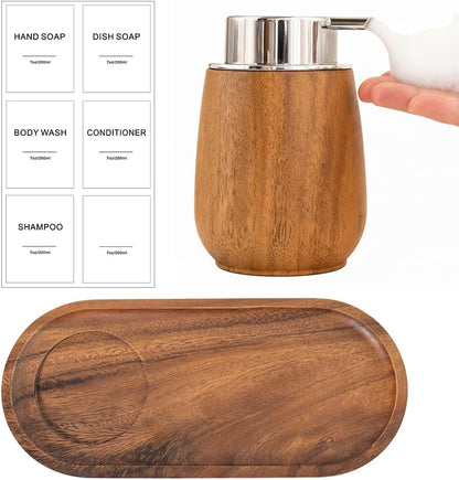 Set 7oz/200ml 6 Countertop Walnut Wood Soap Dispenser with Tray, Foaming Hand Soap Dispenser with Labels, Wooden