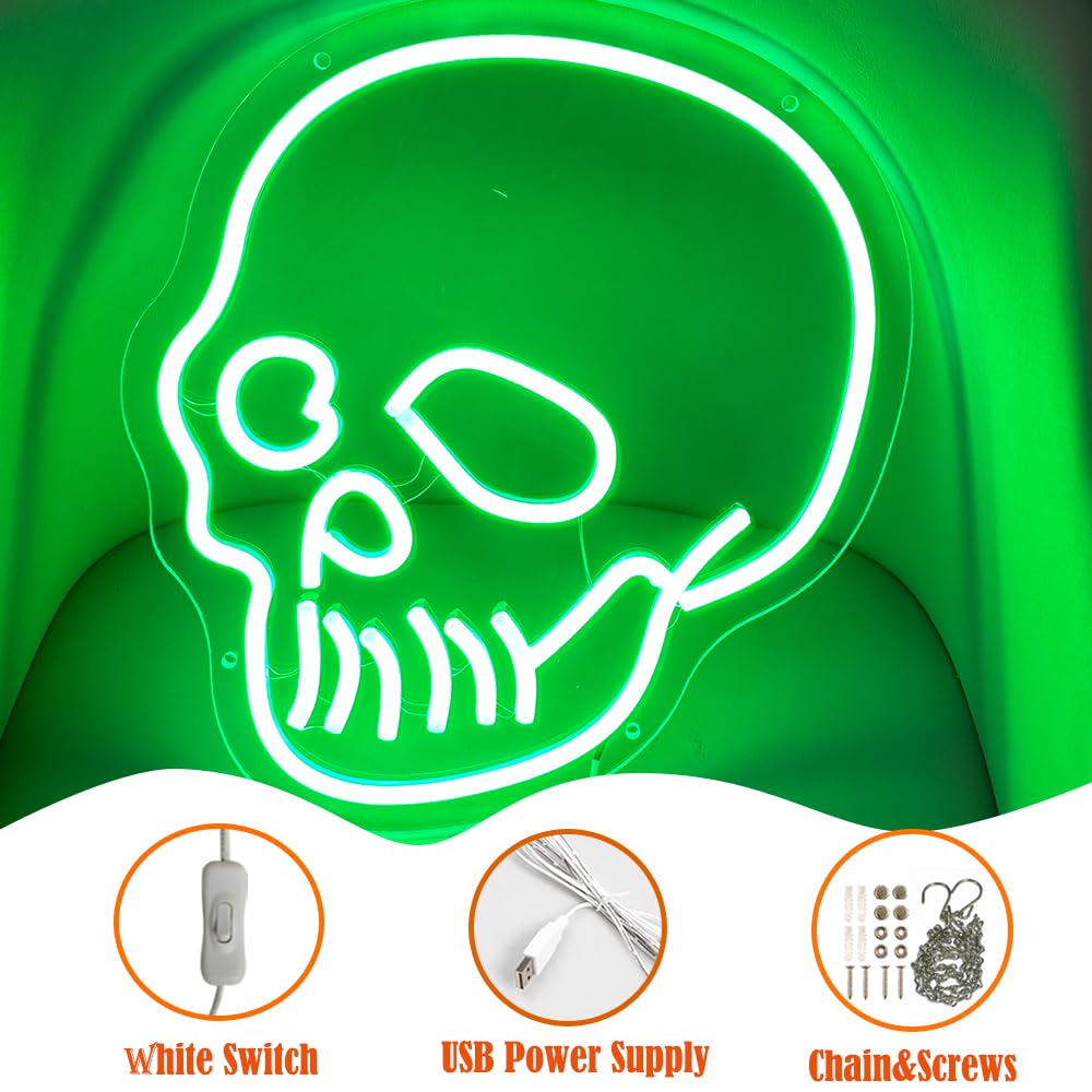 Skull Neon Sign Green Skeleton Head LED Neon Signs Skull Wall Sign Neon Halloween Sign Skeleton Lights Sign for Bedroom Man Cave Game Room Halloween Decor Indoor
