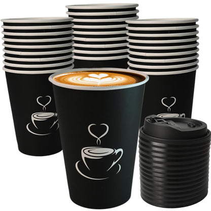 TreeMVI-50 Pack 12oz Coffee Cups with Lids: Disposable Black Coffee Cup Sturdy to Go Leak-Proof Paper Containers Set for Hot and Cold Beverage, Home, Office, Party