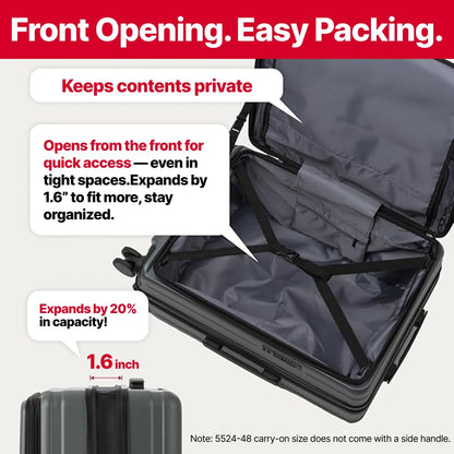 LEGEND WALKER 26" Large Checked Luggage, Front Opening Expandable Hardshell Suitcase with Spinner Wheels, TSA Lock, USB Port & Cup Holder, Black, 5524-67