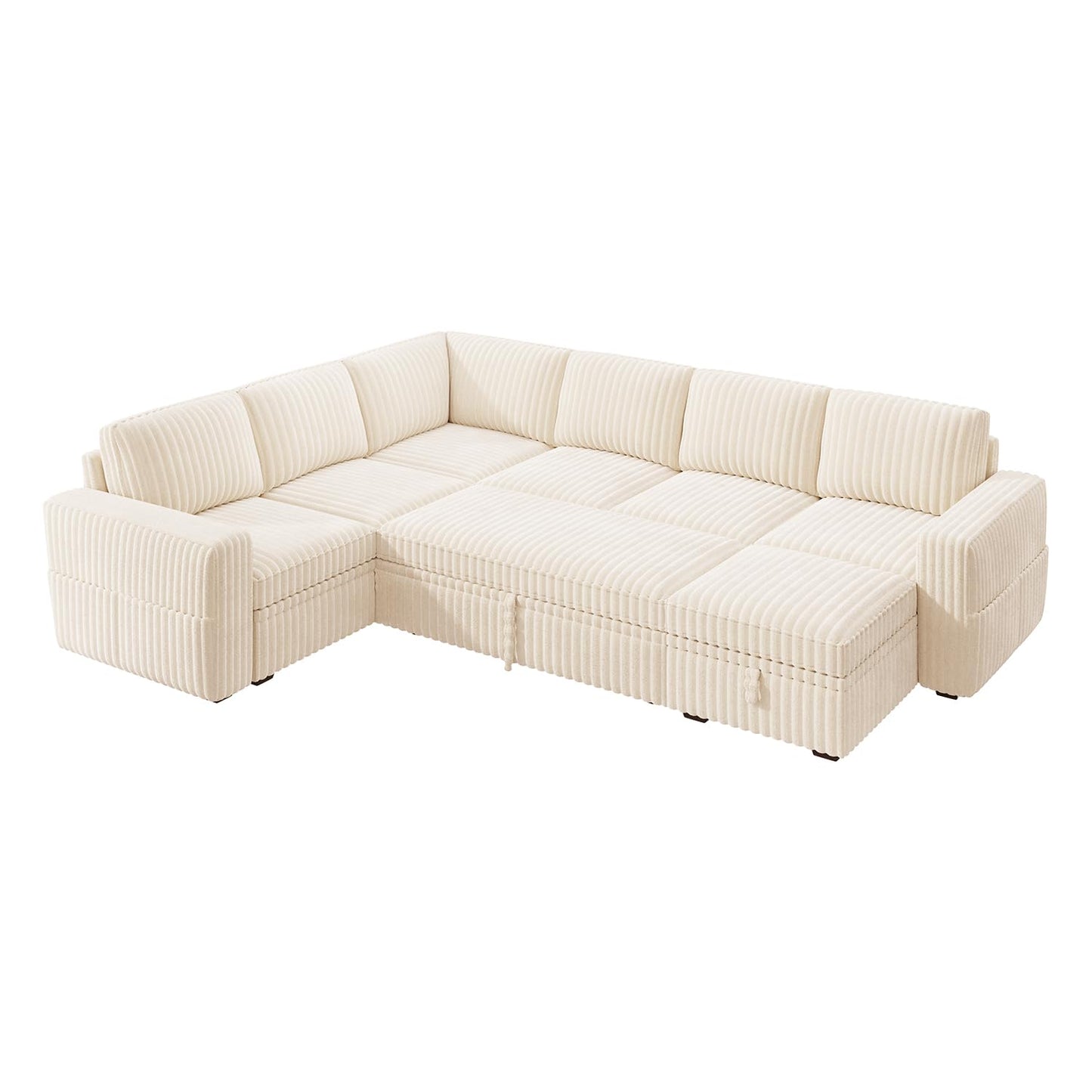 HONBAY Modular Sectional Sleeper Sofa with Pull Out Bed,Corduroy U Shaped Couch with Storage, Sectional Couches for Living Room,Beige