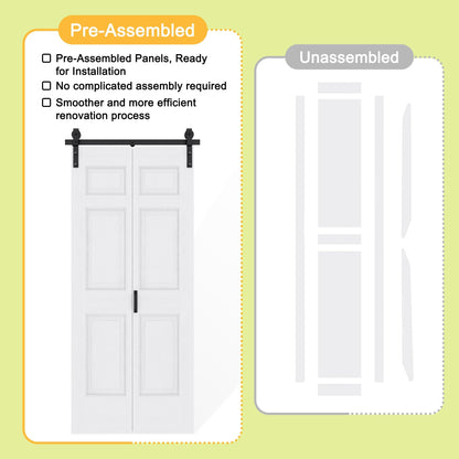 48" x 84" Pre-Assembled 6 Raised Panels Bifold Barn Door, Paintable White Primed Pre-Finished Bi Fold Barn Door and Hardware Kit Included, 56" Track Kit for 4 Closet Doors for Pantry Laundry Bathroom