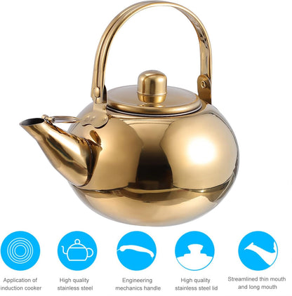 Hemoton Stainless Steel Tea Pot with Infuser, 1L/34 OZ Stovetop Kettle for Loose Leaf Tea, Golden Camping