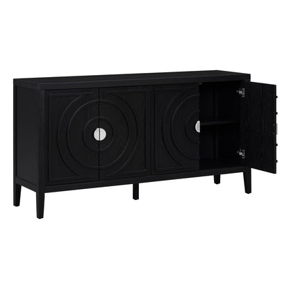 Jintop Retro Sideboard with Circular Groove Design Round Metal Door Handle,Wooden Buffet Cabinet,W/Adjustable Shelves & Open Countertop,for Entrance Living Dinning Room,Black
