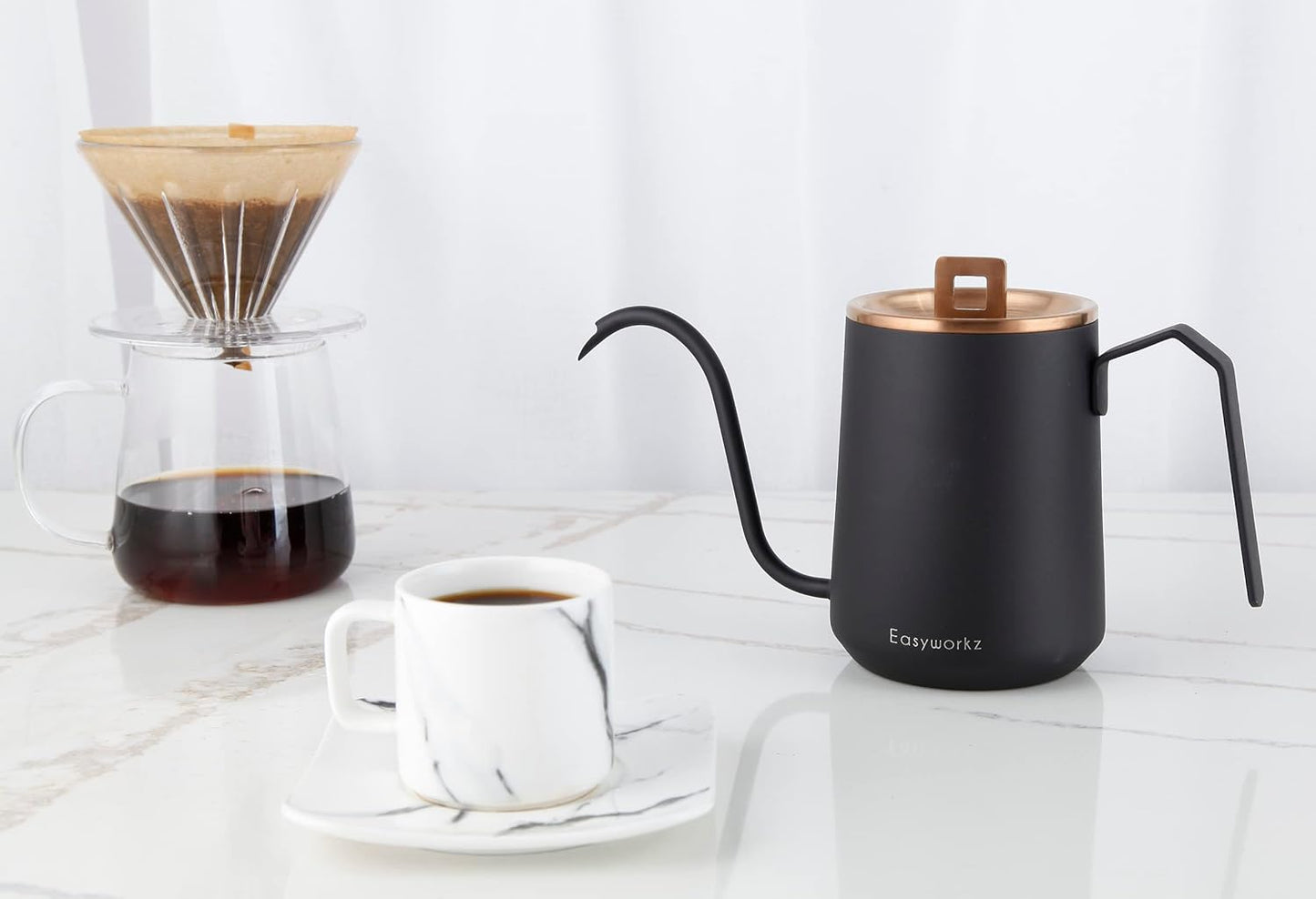 Easyworkz Gooseneck Pour Over Coffee Kettle, 20 oz Stainless Steel Hand Drip Pot with Long Narrow Spout (Rose Gold