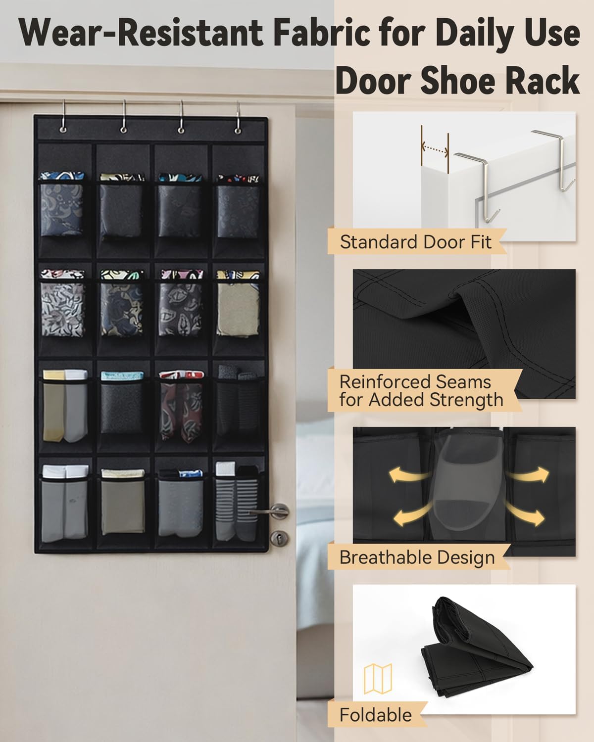16 Closet 4 dodowin Over the Door Shoe Organizer Rack, Large Breathable Mesh Pockets, Foldable Hanging Storage Holder