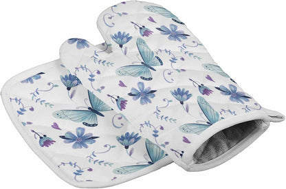 Chic D Kitchen Oven Mitts Gloves and Pot Holders Sets, Blue Butterfly Flowers Heat Resistant Non-Slip for Cooking, BBQ,