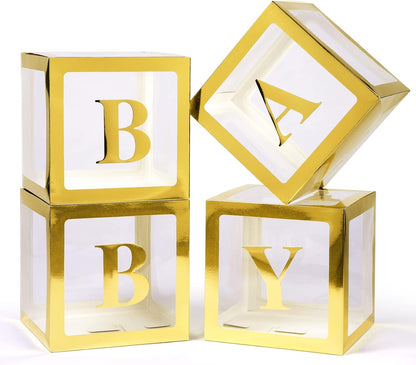Voircoloria Baby Boxes - 4 Transparent Balloon Boxes with Letters for Baby Shower & Gender Reveal (Gold)