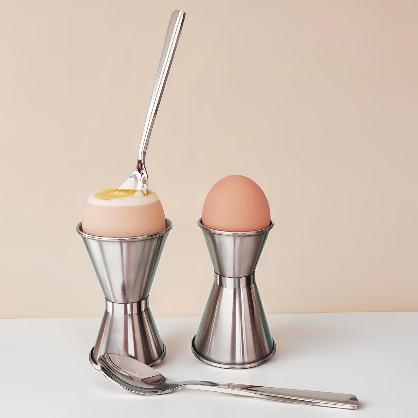 NobleEgg Universal Egg Cups and Spoons for Soft Boiled Eggs, All Chicken Egg Sizes | Stainless Steel | Set for 2