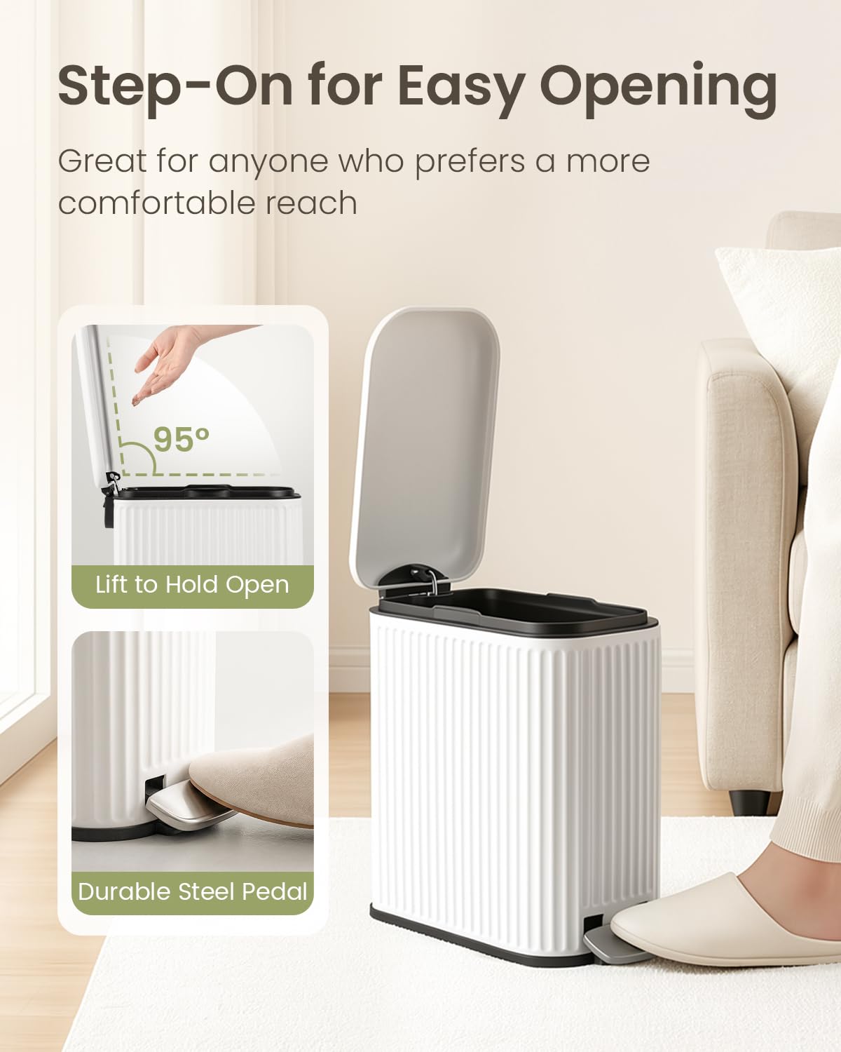 Cesun Bathroom Small Trash Can with Lid Soft Close - 1.3 Gallon Slim Garbage Can with Removable Inner Bucket, Stainless Steel Waste Basket with Step Pedal for Bedroom, Living Room, Office, White