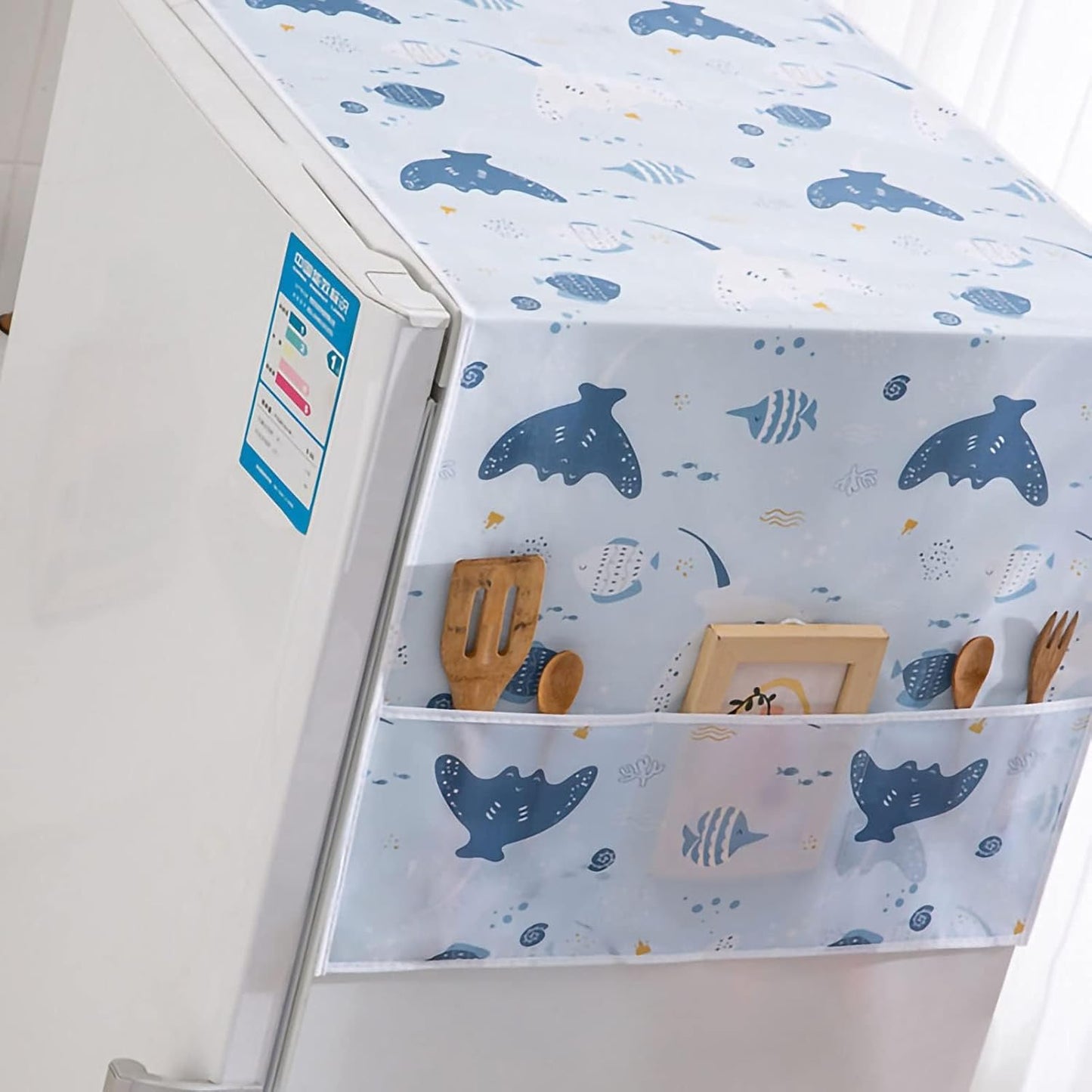 PEVA Refrigerator Dust-Proof Cover, Waterproof Top Cover with Storage Pockets for Home and Kitchen
