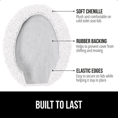 GORILLA GRIP Soft Chenille Bathroom Toilet Lid Cover, Machine Washable Seat Covers, 19.5x18.5, Stays in Place Rubber Backing, Fits Most Round, Elongated and Oblong Lids, Decor, Bright White