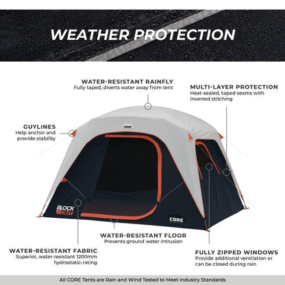 CORE Blackout 6 Person Dome Tent | Portable Car Camping Outdoor Family Dark Room Tent | Included Wall Organizer for Camping Accessories
