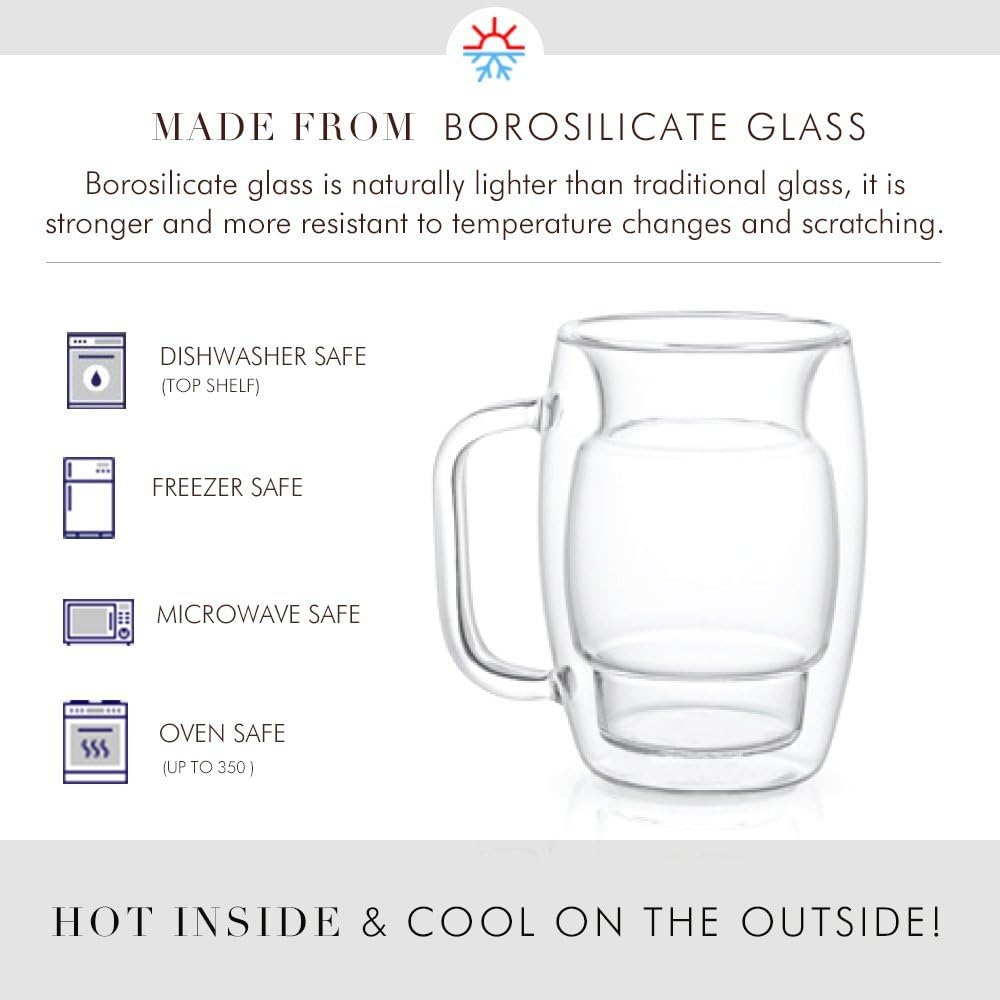 JoyJolt Cadus Double Wall Insulated Glass Coffee Cups Set of 2 - 10-Ounces Tea Glasses