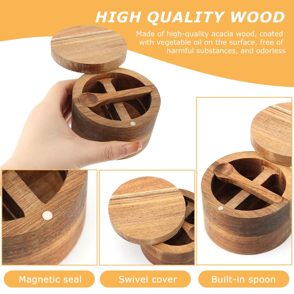 Velarionna Wood Salt and Pepper Bowl, AcaciaWood Salt Cellar with Built-in Spoon and Magnetic Swivel Lid, Container Holder to Storage Pepper Spice(SIZE:L)
