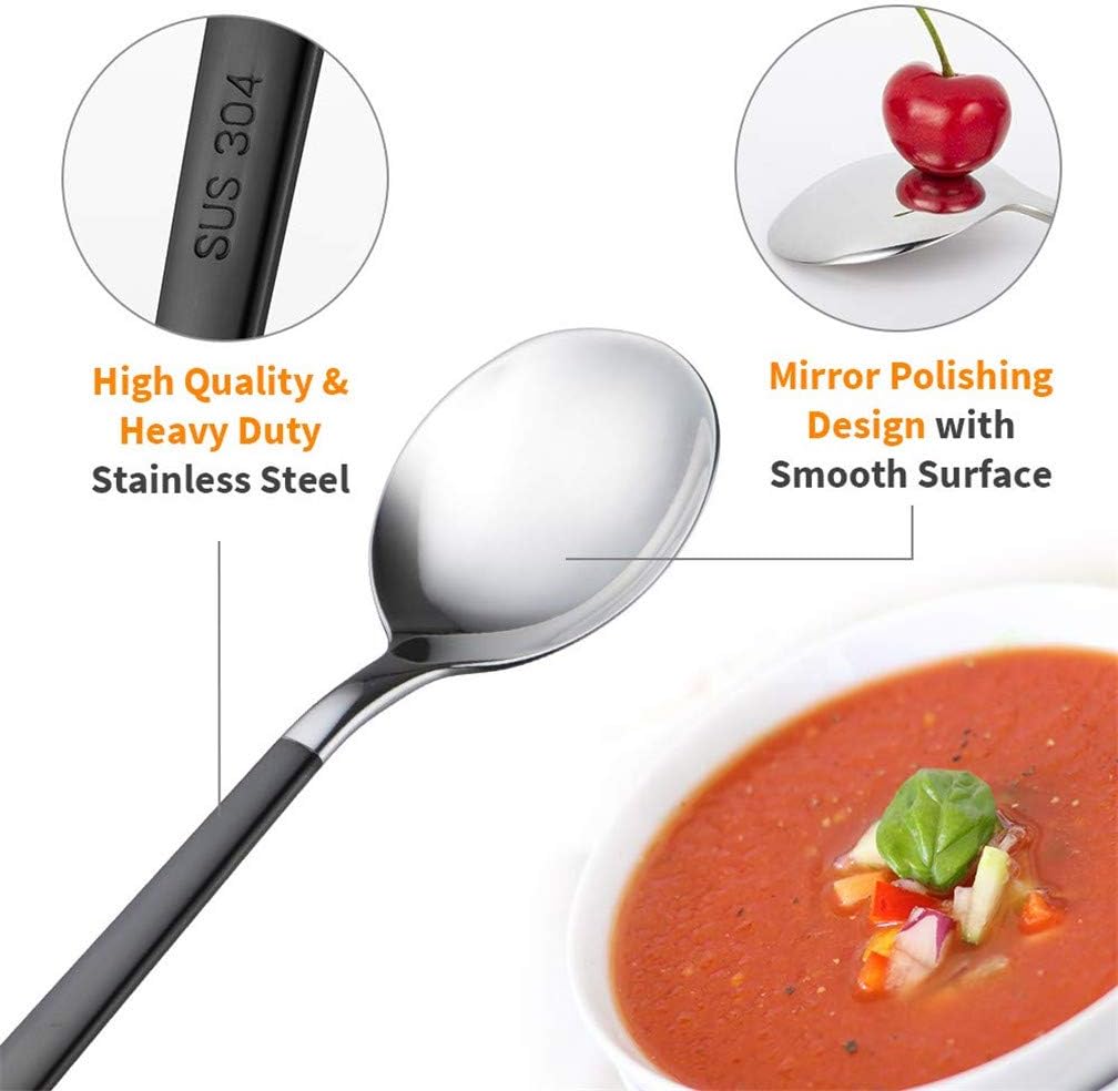 4-Piece Stainless Steel Dinner Spoons, 8 inches Comfort Long Handle, Mirror Polished Flatware, Dishwasher Safe (Black)