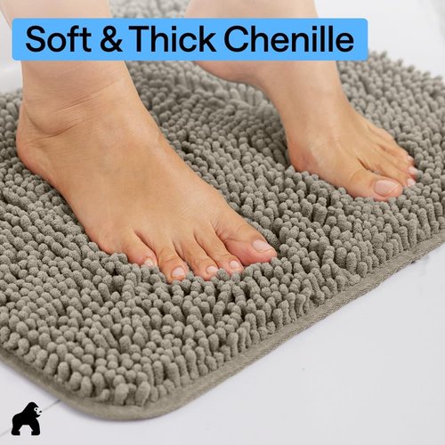 Gorilla Grip Shaggy Chenille Bath Rug Mat - Plush Absorbent Toilet Contour Mat | Machine Washable, 22" x 19" x 15", Latte