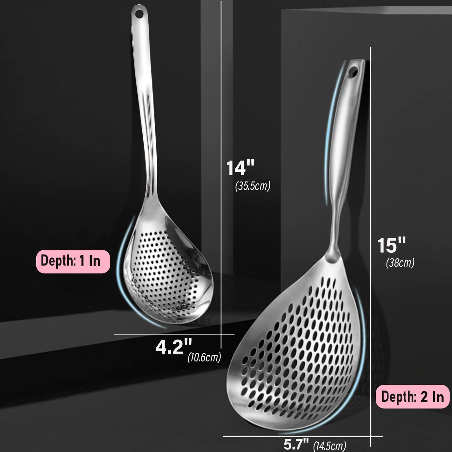 KAYCROWN Skimmer Slotted Spoon, 2 Pack Stainless Steel Pasta Spider Strainer Ladle for Frying and Cooking, Frying Strainer Spoon, Kitchen Cooking Skimmer Colander