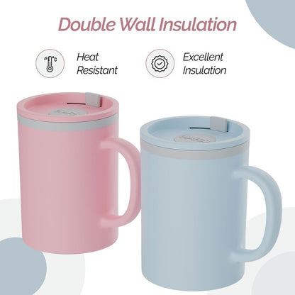 Copco Iconic 16oz Double Wall Insulated Desk Mug with Lid and Handle, Set of 2, BPA-Free Reusable Plastic, Spill-Proof, Microwave & Dishwasher Safe, Wide Mouth, Cup Holder Friendly (Light Blue/Pink)