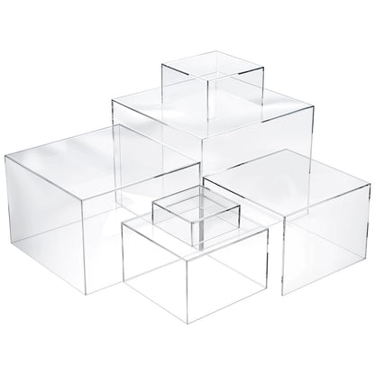 6 Pcs Acrylic Risers for Display Clear Risers Display Stands with Hollow Bottoms 5 Sided Acrylic Cube Boxes Square Nesting Cubes Decorative Stand Shelf for Food Dessert Jewelry Figures Decor 6 Sizes