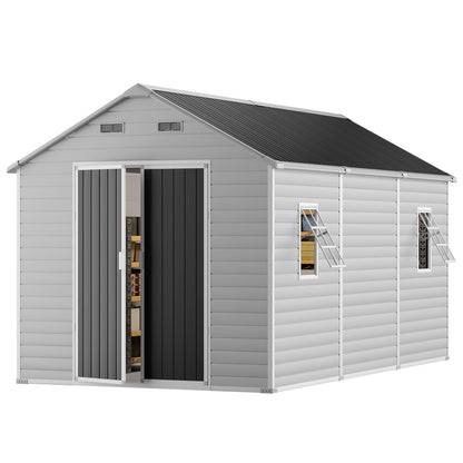 CDCASA Resin Storage Shed 8x14 FT, Waterproof Outdoor Sheds Heavy Duty Aluminum Frame Outside Plastic Tool Shed with Adjustable Openable Windows, Lockable Door for Backyard, Garden, Lawn, Dove Grey