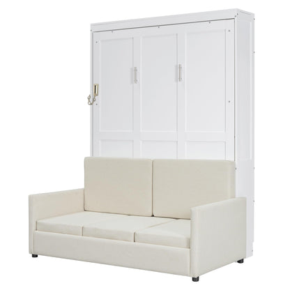 Ball & Cast Murphy Bed Full Size W/ 2 Seat Sofa,Murphy Bed Cabinet W/Cushion,Hideaway Bed W/Support Leg & Handles,for Bedroom Office Guest Room,White