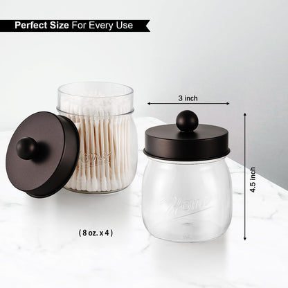Farmhouse Decor Apothecary Jar Set, Mason Jar Bathroom Storage Organizer for Cotton Swabs, Floss Picks (4 Pack, Bronze)