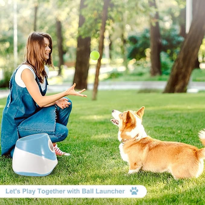 Automatic Dog Ball Launcher, Dog Ball Thrower Machine with 10-30Ft 3 Launching Distance, Interactive Toys for Small Dogs Indoor & Outdoor with 15 Mini Tennis Balls (2 inch) -Blue
