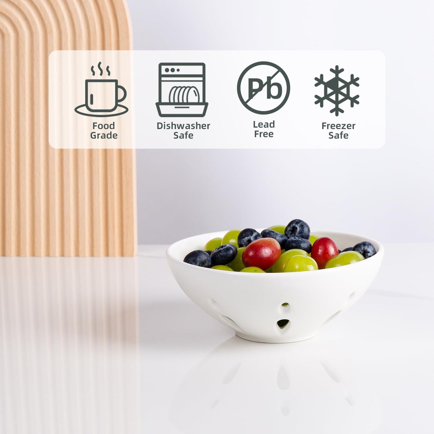 Magclay Ceramic Berry Basket, Round Fruit Bowl with Draining Hole, 5.8" Berry Colander for Kitchen Counter, Fruit Baskets Set of 2, White