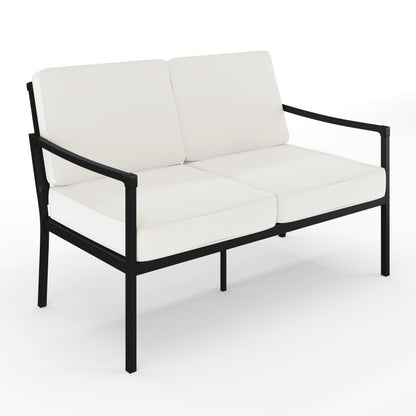 Martha Stewart Lily Pond All-Weather Patio Loveseat with Elevated Backrest Design and Steel Frame in Black with Cream Cushions