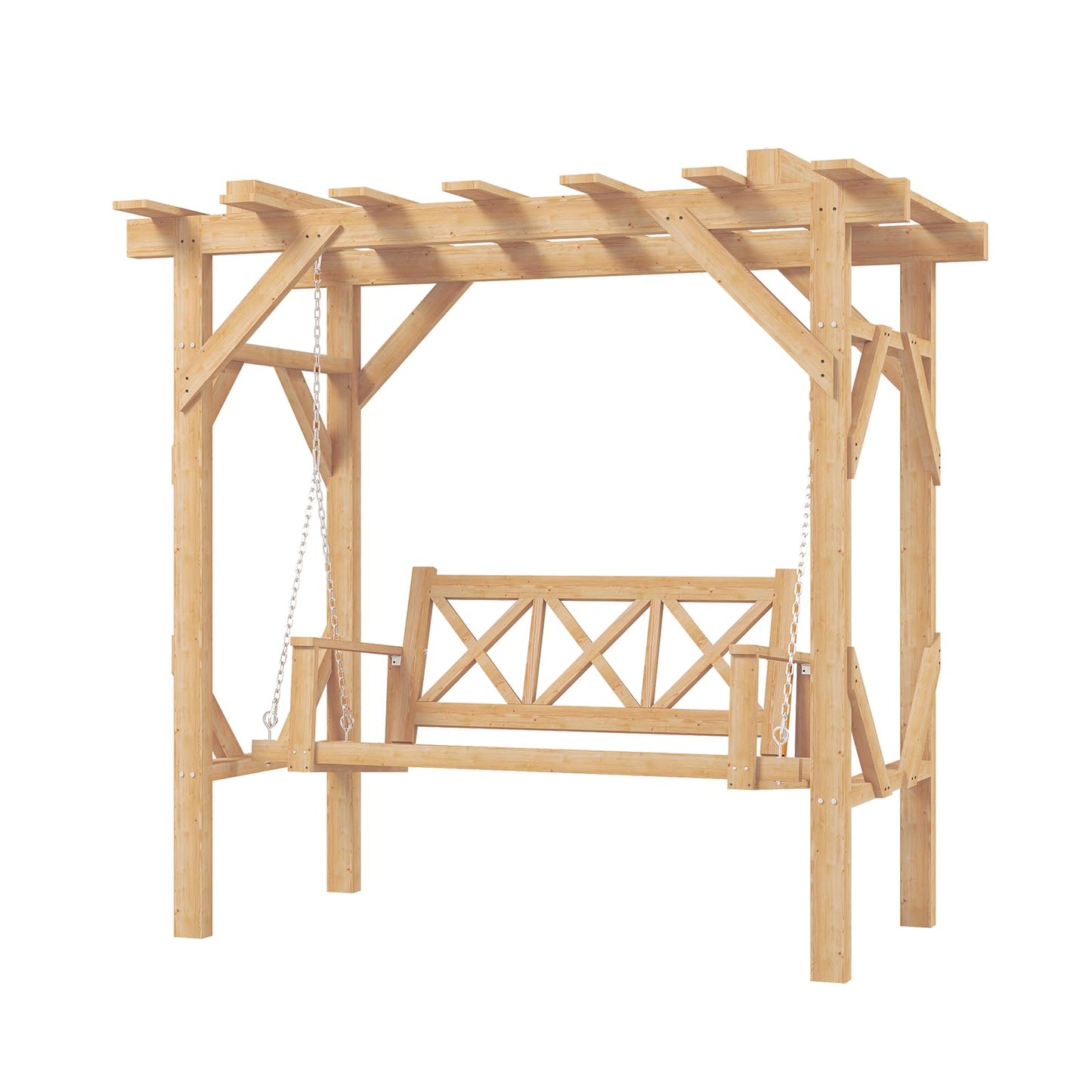 Aoxun Cedar Wood Outdoor Pergola Swing Bench, Porch Swing with Stand, 3-Seat Hammock Patio Swing Set with Canopy，Metal Chains for Backyard, Garden, Natural
