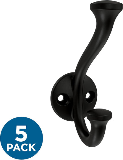 Franklin Brass Casual Farmhouse (5-Pack) Double Hooks for Hanging - Matte Black Wall Mount Hanger for Towel, Bag, Purse