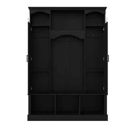 FILWY ON-Trend Modern All-in-One Hall Tree with Adjustable Shelves, Classic Arched Farmhouse Storage Bench with Dual Side Cabinets, Elegant Entryway Organizer with 7 Hooks for Mudroom, Hallway
