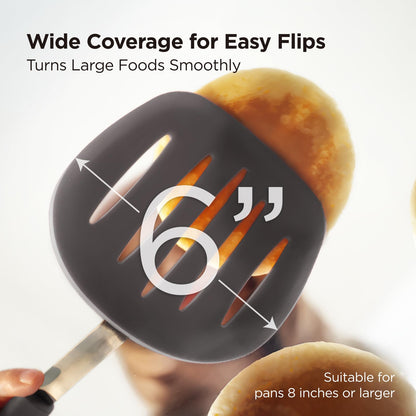 Kitchen Mama WaltzGrip Platinum Silicone Pancake Spatula Turner: Heat Resistant Flexible, Stainless Steel Core, Nonstick, Dishwasher Safe, Flipper – Ideal Kitchen Cookware Egg, Fish, Meat (Metal Gray)