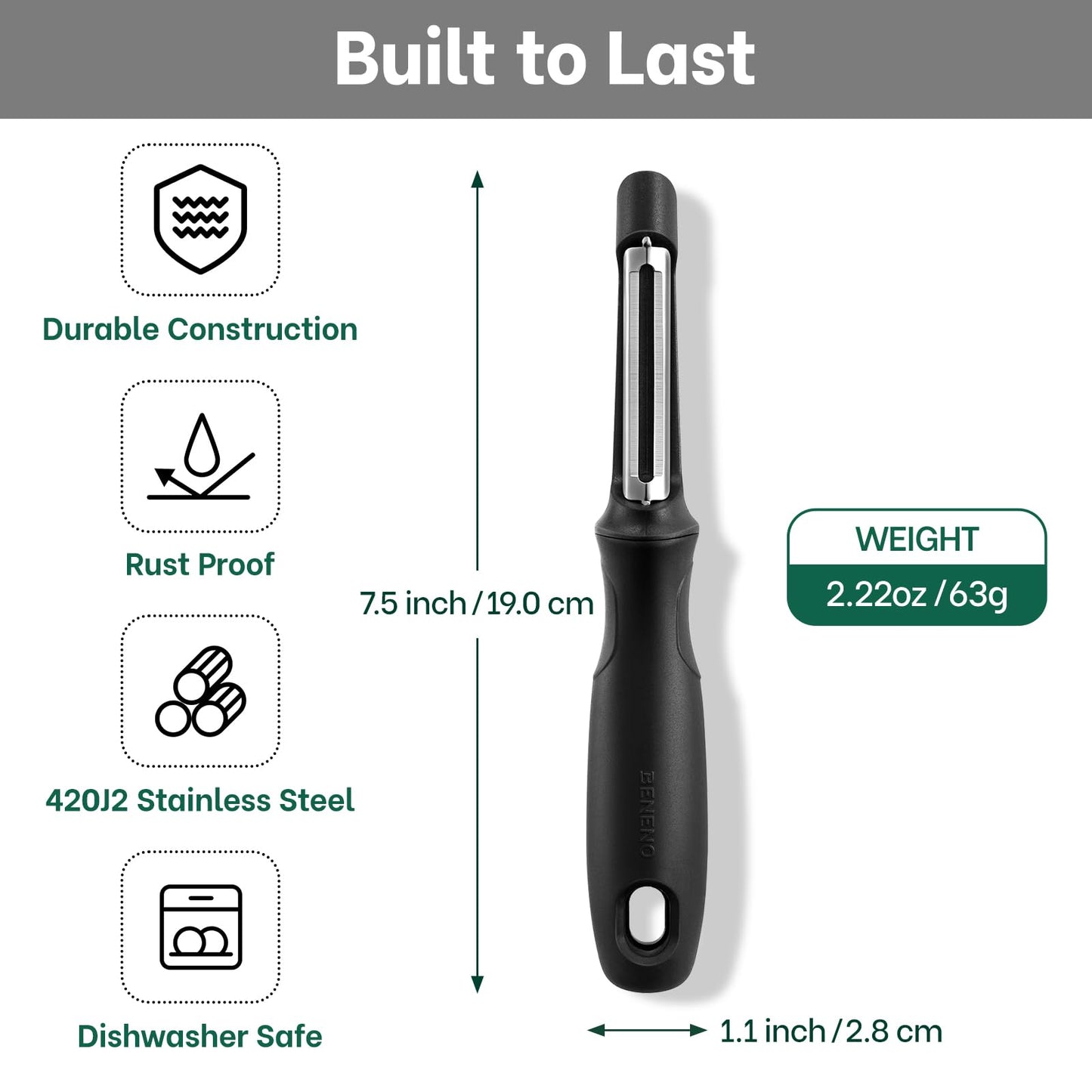 Beneno Swivel Vegetable Peeler, Razor-Sharp Smooth Peeling Potato Peelers with Stainless Steel Blades, Ergonomic Comfort Non-Slip Rubber Handle, Durable Kitchen Peelers with Potato Eye Remover, Black