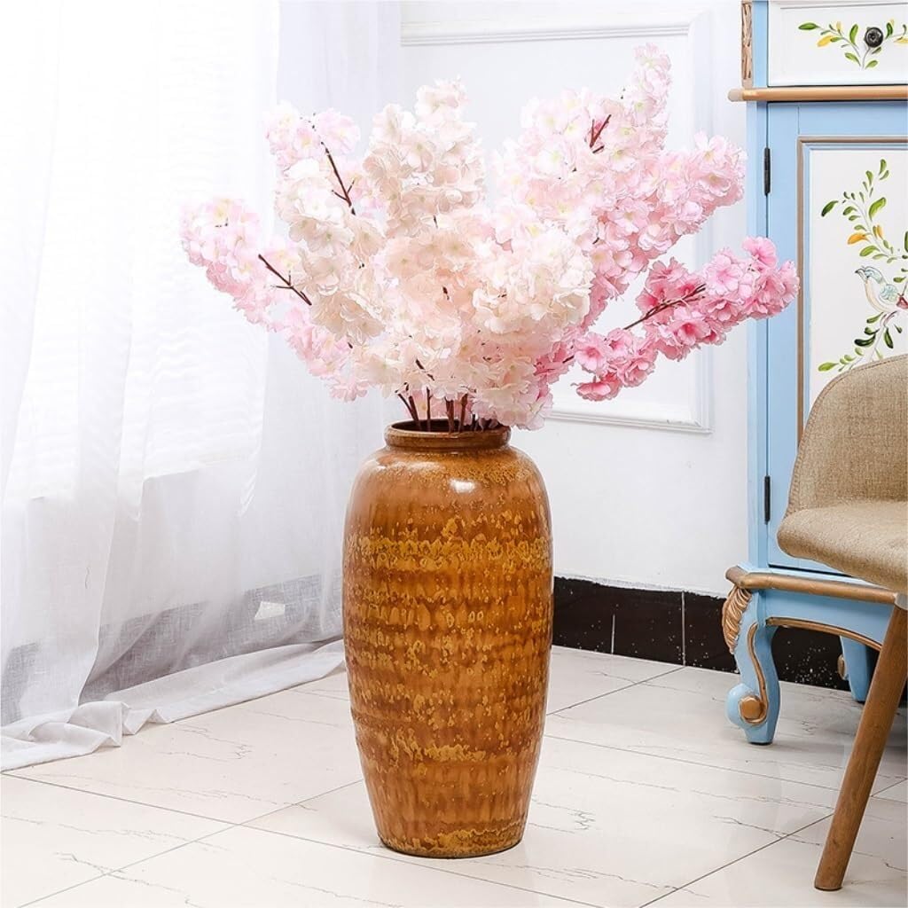 Large Yellow Ceramic Floor Vase, Handcrafted Glazed Pottery for Flower Arrangement, Modern Chinese Style Decor