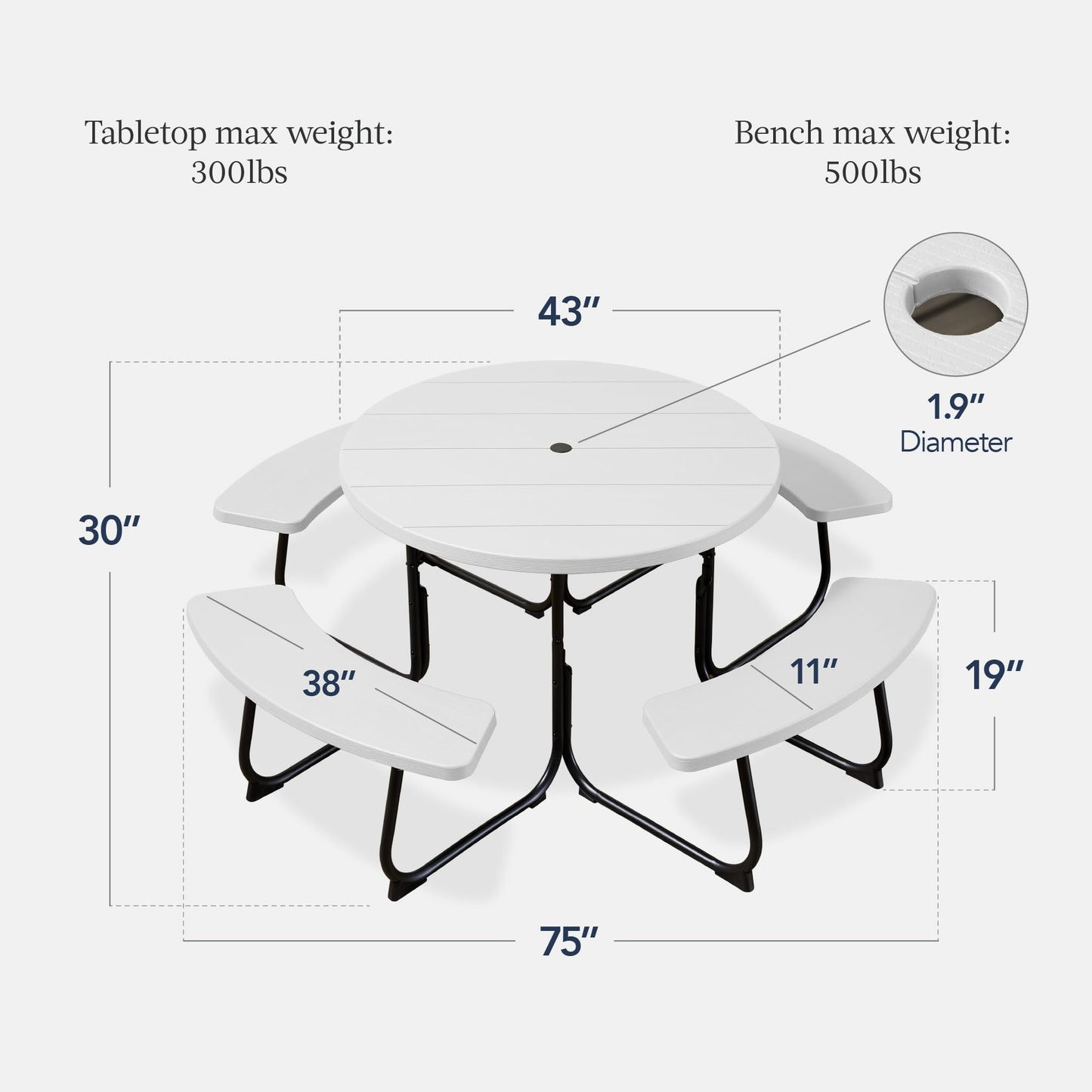 Best Choice Products 8-Person Outdoor Bench Patio Picnic Table, Circular w/ 4 Built-in Benches and Umbrella Hole, 2000lb Capacity - White