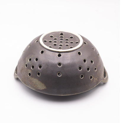 Amitofo 8" Ceramic Berry Colander with Handles, Reactive Glaze Fruit Washing Bowl, Rustic Stoneware Pasta Strainer for Kitchen (Charcoal Grey)