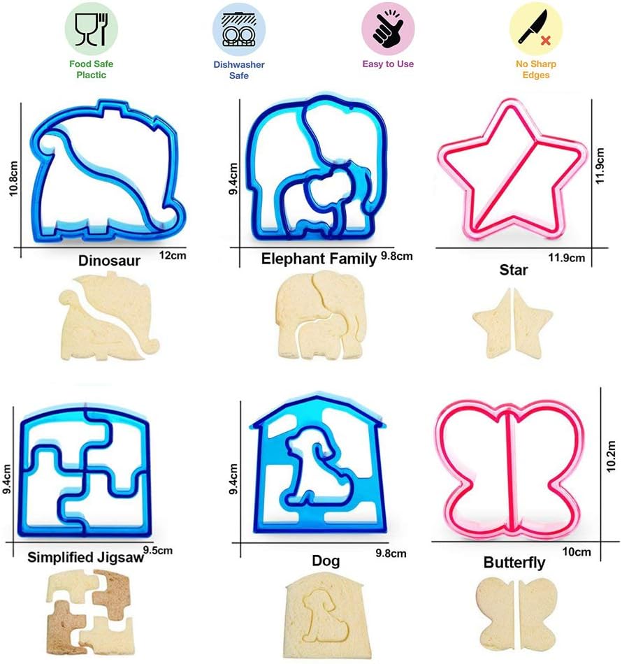 6 Pack Sandwich Cutters and Bread Crust Shape Remover for Kids, Cute Animals Shapes Toast Mould DIY Slicer Kit