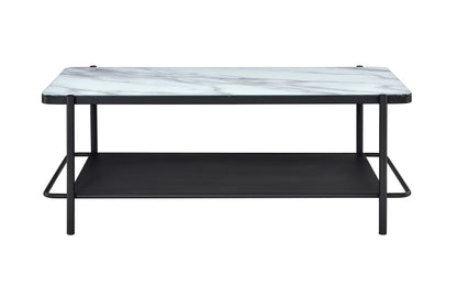 Furniture of America Basil Industrial Faux Marble Top Steel 2-Piece Coffee and End Tables Set with Open Shelves, Black and White