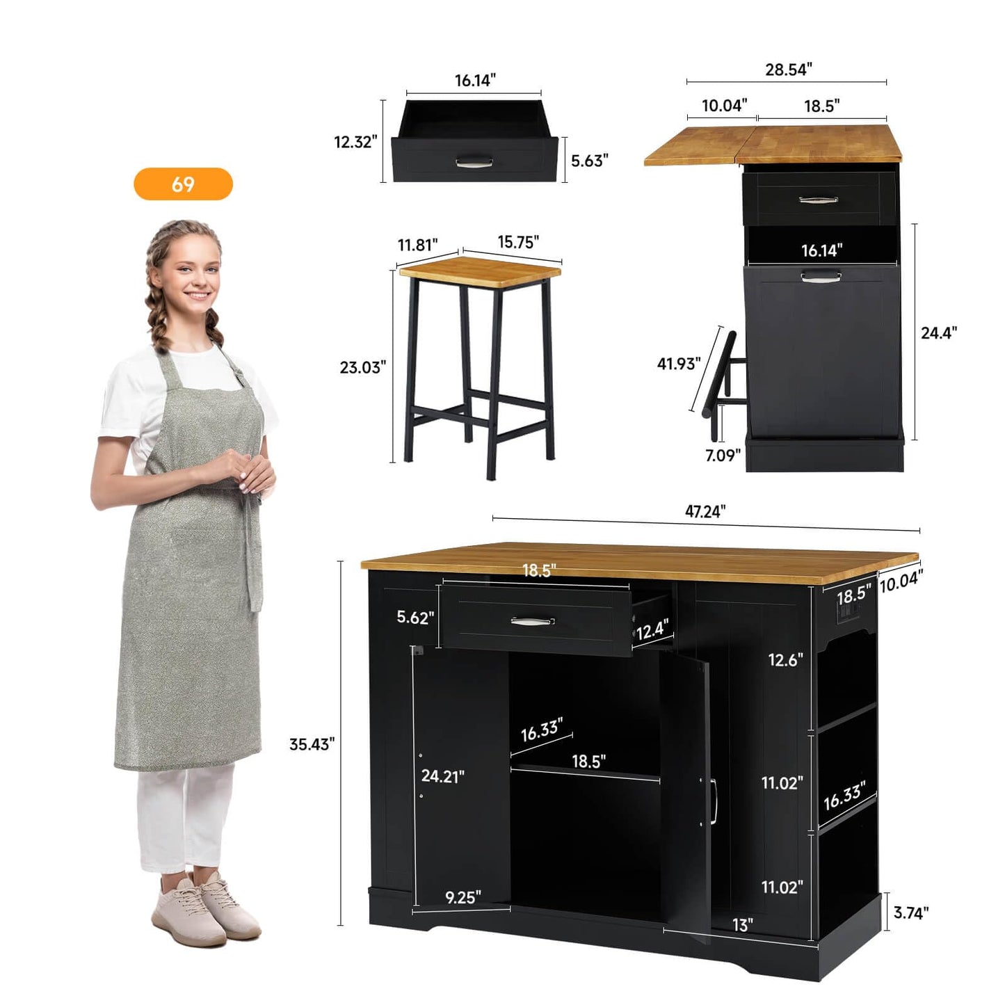 ONBRILL Stationary Kitchen Islands Include 2 Chairs, 47" Kitchen Island with Drop Leaf, Home Bar Table with Spice Rack & with Trash Cabinet, Island Table for Dining Room with Power Outlet, Black