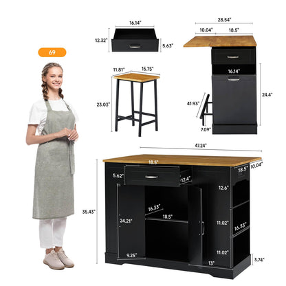 ONBRILL Stationary Kitchen Islands Include 2 Chairs, 47" Kitchen Island with Drop Leaf, Home Bar Table with Spice Rack & with Trash Cabinet, Island Table for Dining Room with Power Outlet, Black
