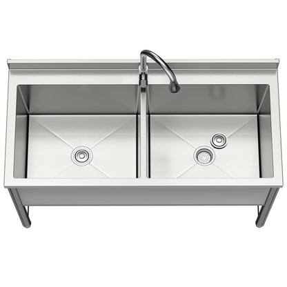 47" Stainless Steel Commercial Sink 2 Bowl Freestanding Kitchen Sink with Pull-out Faucet, Large Utility Sink for Kitchen, Dishwashing, Thawing, Laundry Room, Garage, Outdoor, Total Capacity 50 Gallon