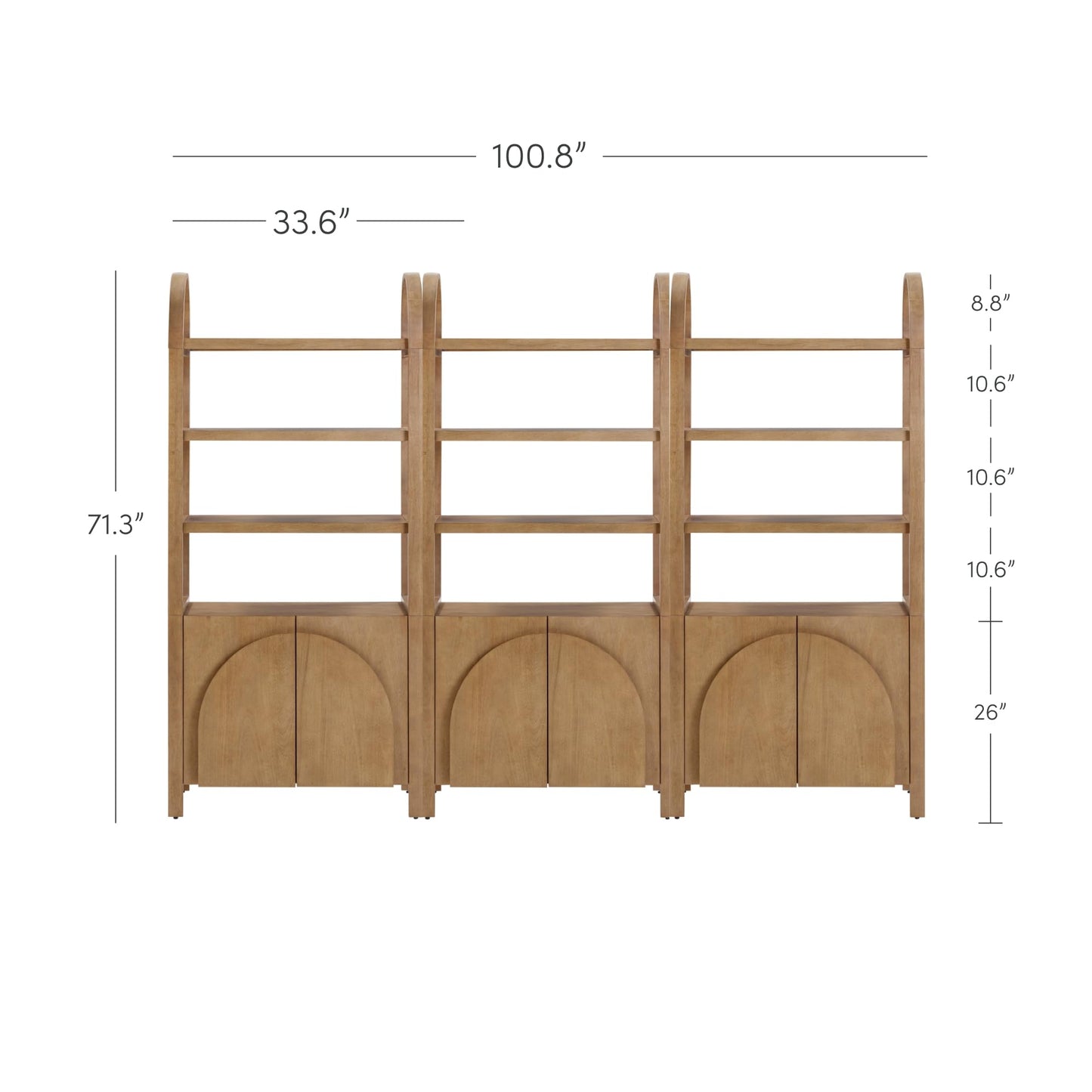 Nathan James Iris 3 Tier Bookshelf, Arched Bookcase Cabinet, Solid Wood Bookcase with Cabinet Base, Boho Bookshelf in Unbrushed Light Brown Finish, Set of 3