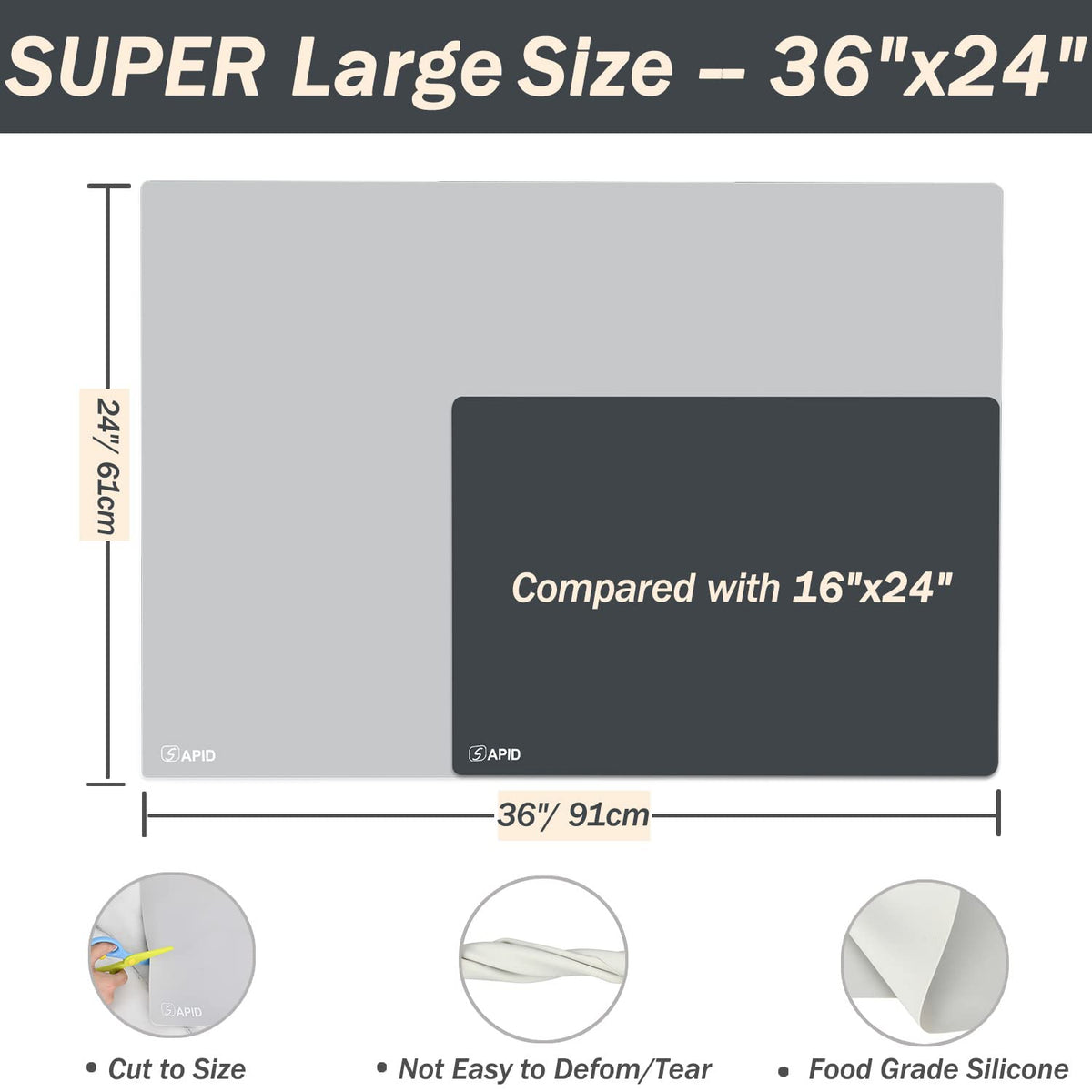 Extra Large Silicone Mat 36" x 24" Place Mats, Heat Resistant Mat for Kitchen Countertop Protector, Thick Placemats Washable Silicone Mats for Kitchen Counter Mat Dining Table Mat, Grey, Sapid