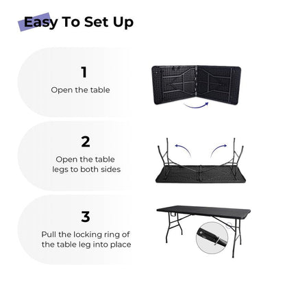 Byliable Folding Table 6ft Portable Heavy Duty Plastic Fold-in-Half 6 Foot Foldable Table Utility Dining Indoor Outdoor with Carrying Handle for Camping Picnic and Party, Black